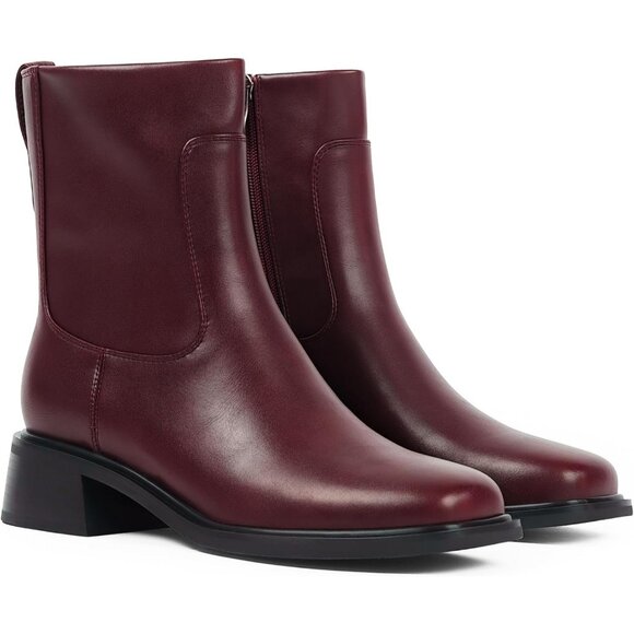 Women's Burgundy Square Toe Chunky Short Booties Fall Boots Side Zipper - Picture 4 of 7